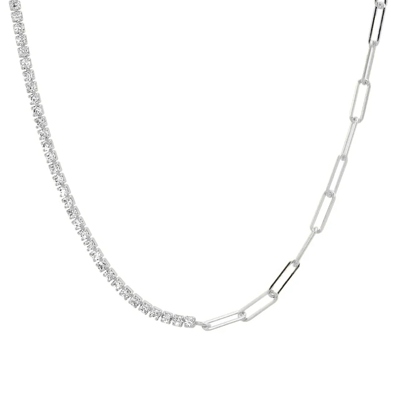 Simple Chain Necklaces For Day-to-day Wear-HALF & HALF PAPERCLIP CZ TENNIS NECKLACE, SILVER