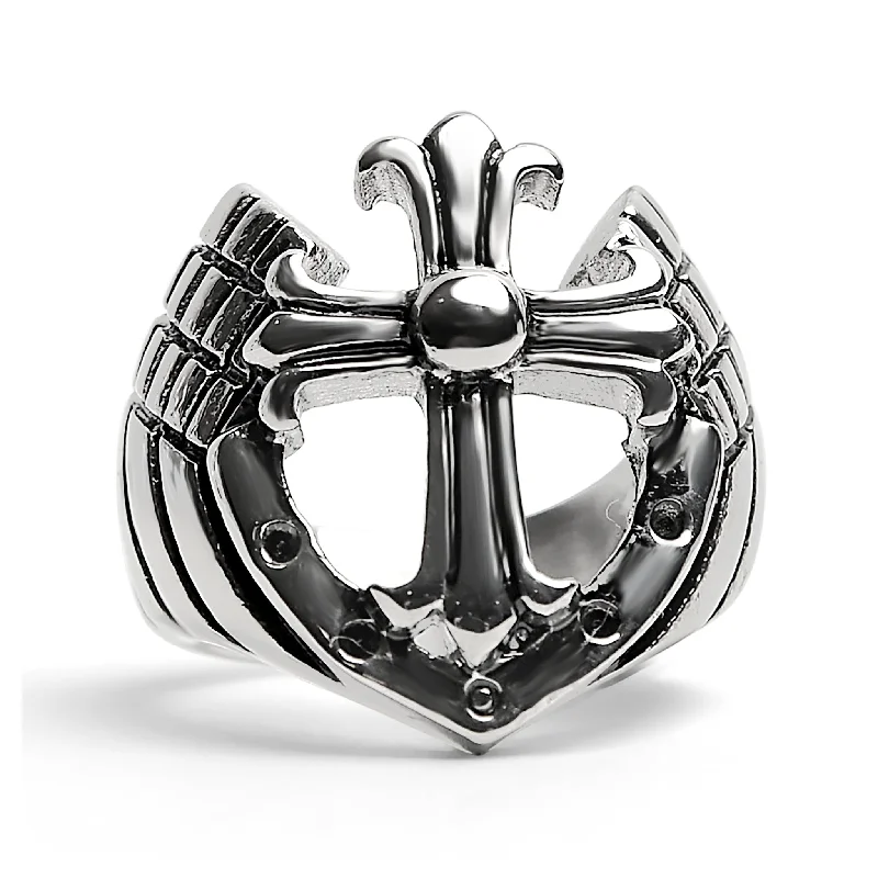 Bold Fashion Rings For Unique Style-Detailed Cutout Cross Stainless Steel Ring / SCR4018