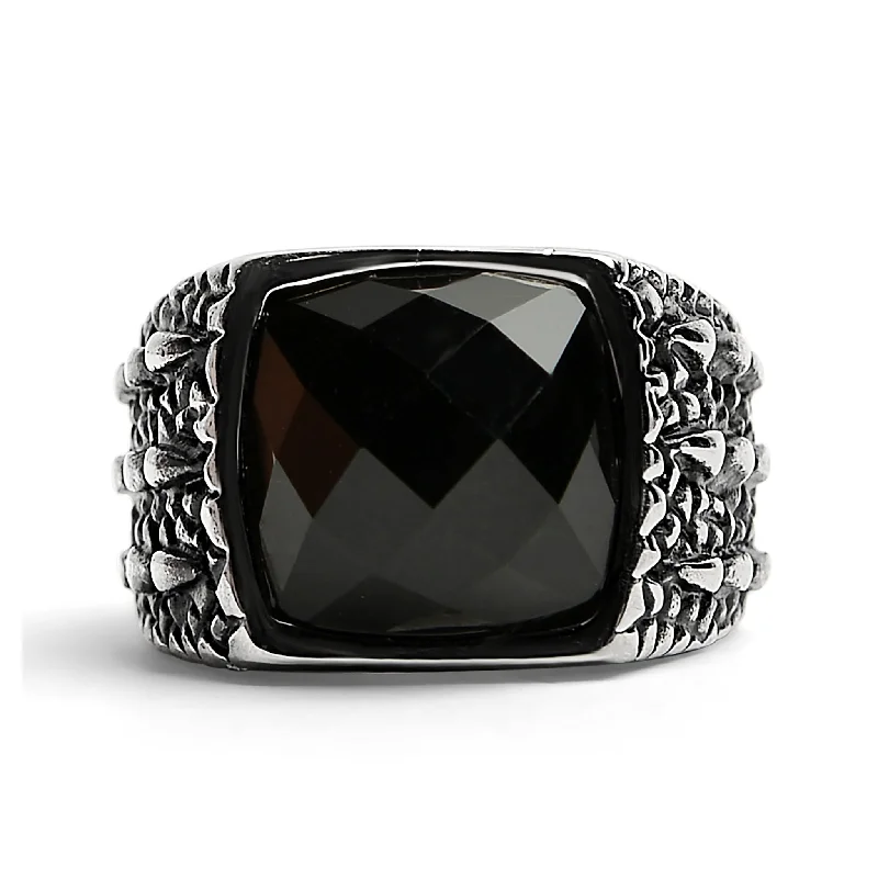 Unique Customizable Engagement Rings-Detailed Cubed Center Black Stone Stainless Steel Ring / SCR4020