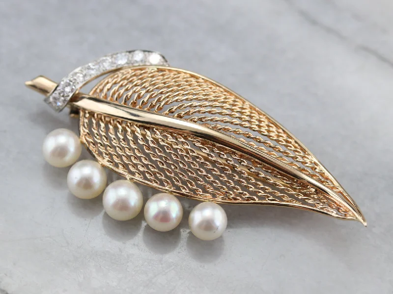 Classic Brooch For Special Occasions-Mid Century Diamond and Pearl Leaf Brooch