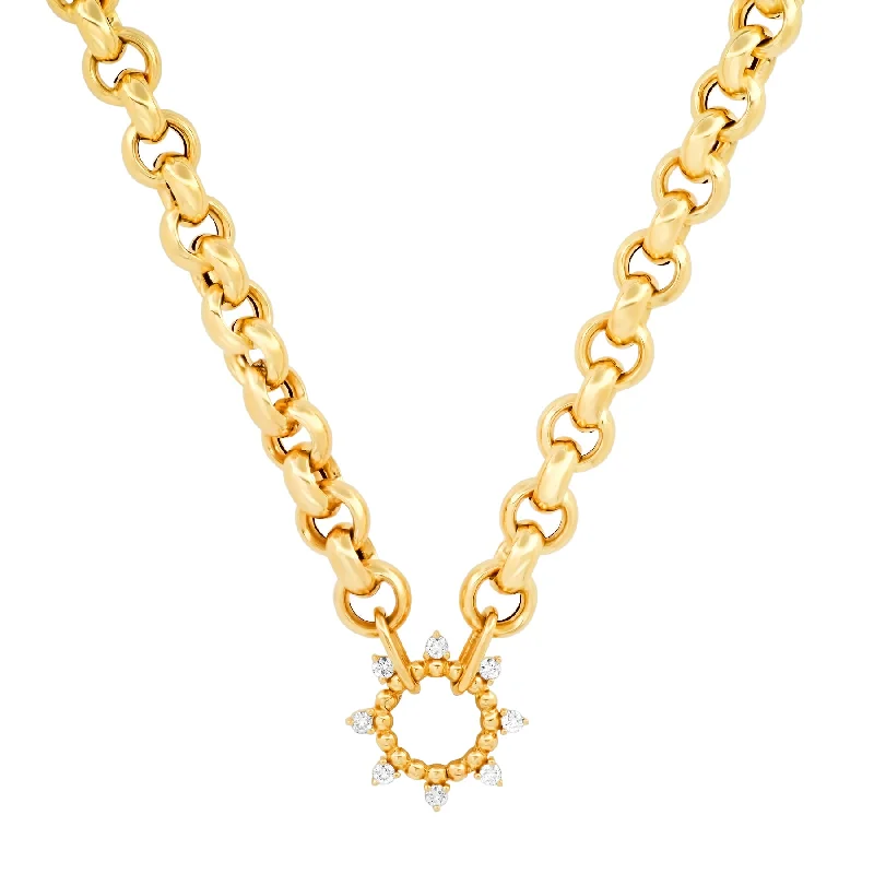 Boho Necklaces For Hippie Fashion-PUFFY ROUND LINK CHAIN w/ DIAMOND SHIP WHEEL ENHANCER, 14kt GOLD