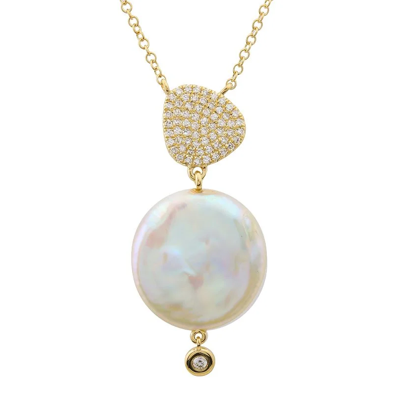 Colorful Gemstone Necklaces-14k Yellow Gold Coin Pearl Diamond Necklace