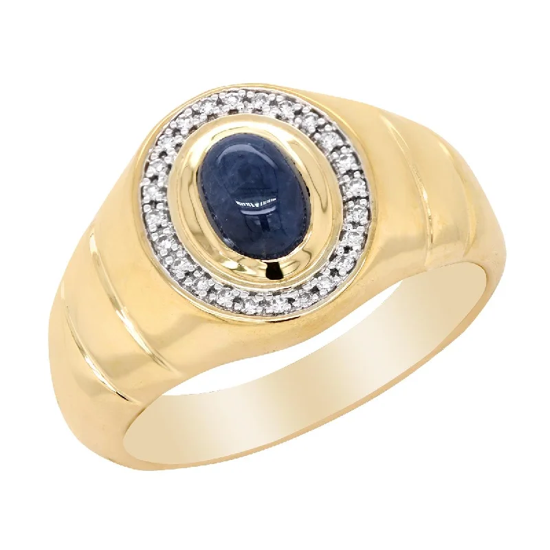 Vintage Style Engagement Rings-MEN'S YELLOW GOLD FASHION RING WITH OVAL SHAPED CABOCHON SAPPHIRE AND DIAMOND HALO, .08 CT TW