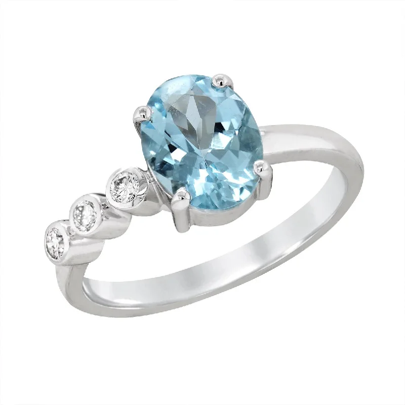 Beautiful Silver Rings For Fashion Wear-WHITE GOLD OVAL AQUAMARINE RING WITH SIDE DIAMONDS, .09 CT TW