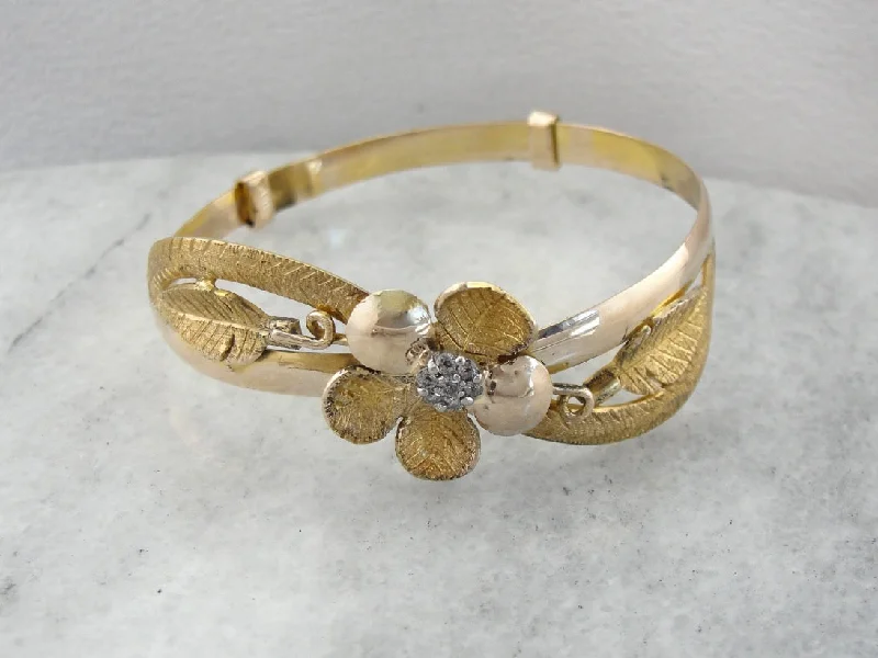 Bangles With Stones-Textured Floral Gold Bangle Bracelet with Diamond Cluster