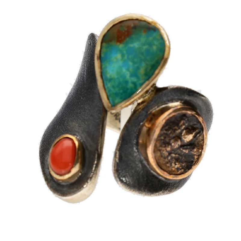 Elegant Sapphire Wedding Bands For Brides-Bora Jewelry of Brooklyn Sterling Silver & Bronze Ring w/Turquoise & Coral