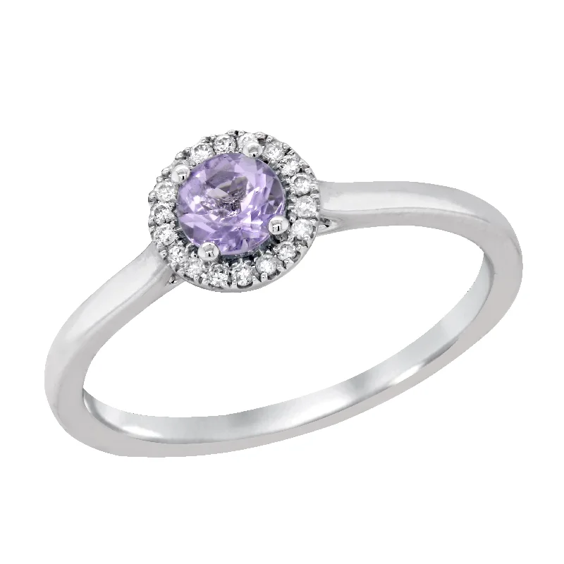 Simple Silver Rings For Minimalist Style-WHITE GOLD SYNTHETIC ALEXANDRITE RING WITH DIAMOND HALO, .05 CT TW