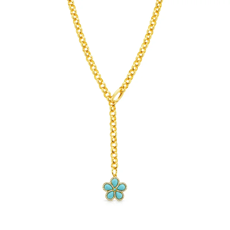 Stylish Necklaces For Office Fashion-PRECIOUS FLOWER LARIAT CHAIN NECKLACE, TURQUOISE GOLD