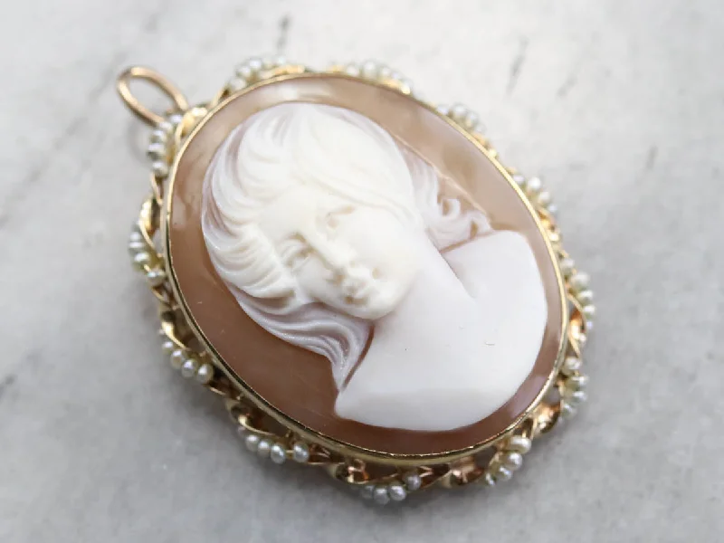 Trendy Brooch For Wedding Party-Mid Century Cameo Seed Pearl Brooch or Pendant