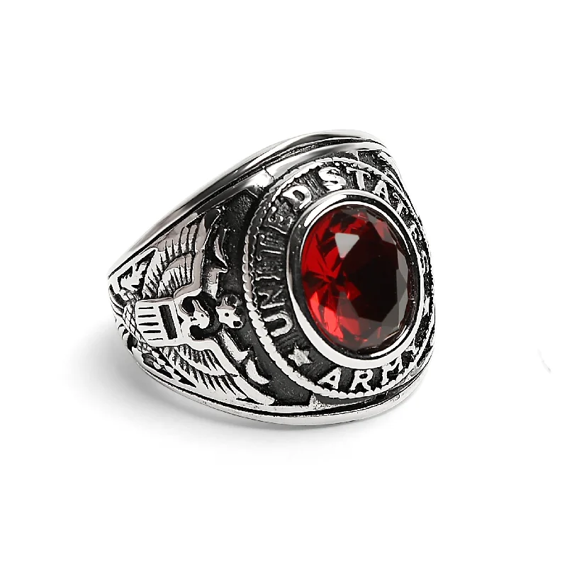 Trendy Fashion Rings For Statement Look-United States Army Red Center Stone Stainless Steel Ring / MCR6006