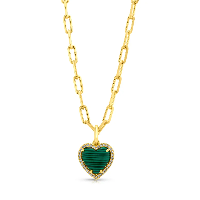 Simple Gold Chain Necklaces For Classic Look-PRECIOUS GEM HEART CHAIN NECKLACE, MALACHITE GOLD