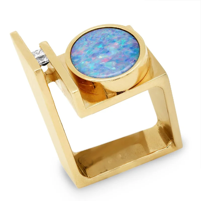 Customizable Couple Rings For Weddings-YELLOW GOLD SQUARE SHAPED RING WITH OPAL AND DIAMONDS, 1/10 CT TW