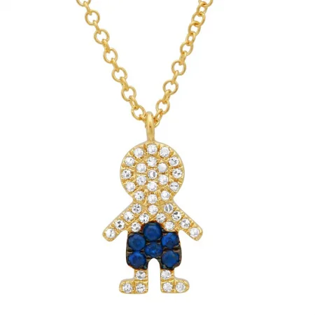 Large Necklace For Statement Fashion-14K Yellow Gold Diamond and Blue Sapphire Boy Necklace