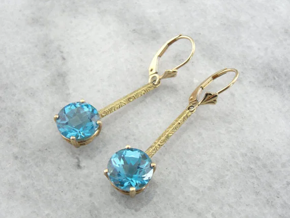 Minimalist Silver Earrings-Gorgeous Blue Topaz Earrings, Antique Art Deco Drops, Pierced