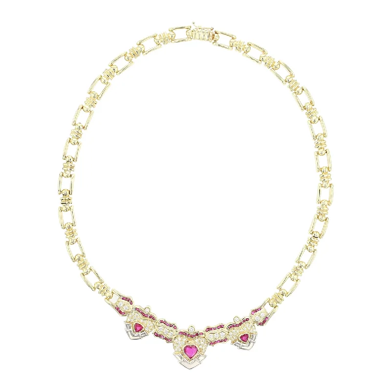 Vintage Style Necklaces For Collectors-14K Yellow Gold Heart Shape Ruby and Diamond Necklace