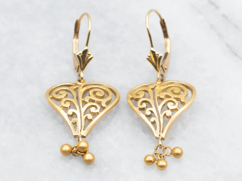 Fancy Hoop Earrings For Night Out-Scrolling Filigree Heart Earrings in Yellow Gold