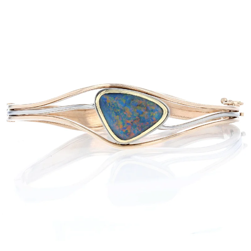 Gold Bangles For Daily Wear-Two Tone Black Opal Organic Hinged Bangle Bracelet