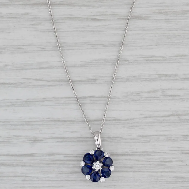 Colorful Beaded Necklaces For Festival Wear-New 1.75ctw Blue Sapphire Diamond Flower Pendant Necklace 14k White Gold 18"