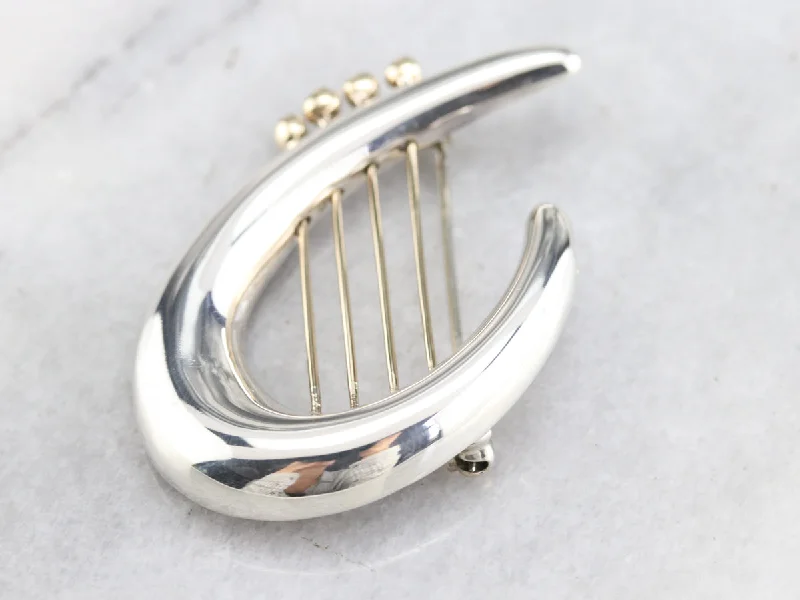 Bridal Brooch For Elegant Look-Vintage Silver and Gold Harp Brooch