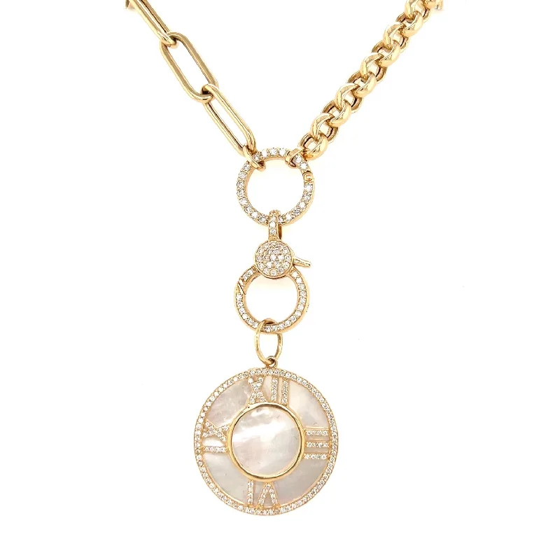 Affordable Necklaces For Everyday Style-Yellow 14K Diamond Multi Chain Lobster Clasp Necklace with Mother of Pearl Clock Charm