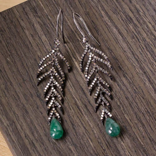 Lightweight Earrings For Sensitive Ears-1.5CT NATURAL DIAMOND 4.5CT EMERALD DANGLE EARRINGS BOHO FEATHER LEAF BLACK DROP