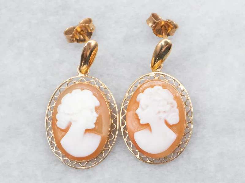 Comfortable Earrings For Long Hours-Feminine Cameo Gold Drop Earrings