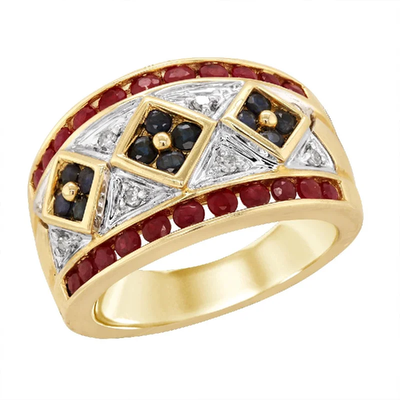 Unique Diamond Wedding Rings For Brides-VINTAGE YELLOW GOLD RING WITH SAPPHIRES RUBIES AND DIAMONDS, 1/10 CT TW