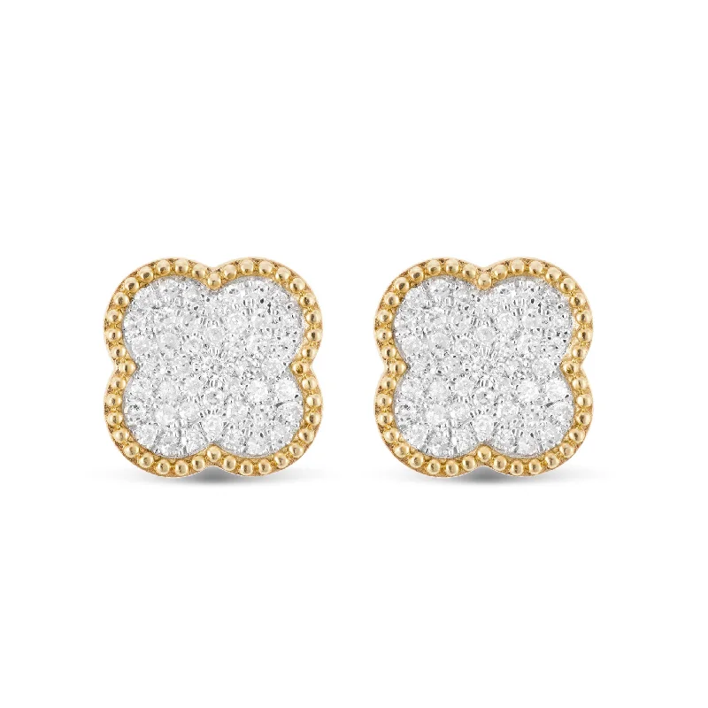 Fashionable Earrings For Prom-14K Gold .50CT Pave Diamond Clover Flower Stud Earrings