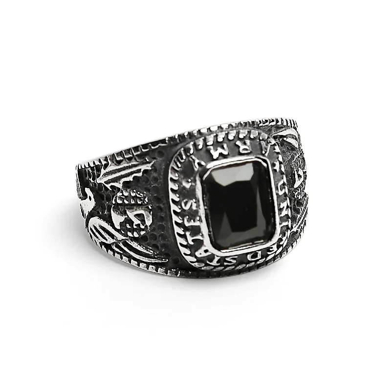 Adjustable Gemstone Rings For Comfortable Fit-United States Army Stainless Steel With Black Center Stone Women's Ring / MCR4056