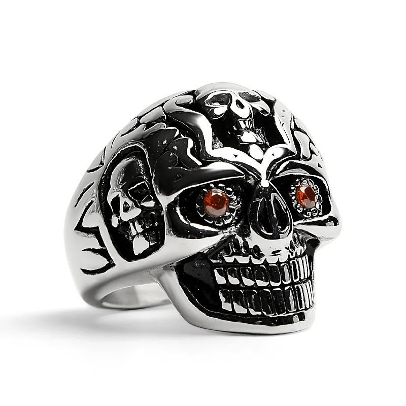 Custom Ring Designs For Brides and Grooms-Stainless Steel Red CZ Eyed Sugar Skull Ring / SCR4088