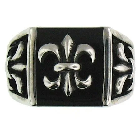 Elegant Sapphire Wedding Bands For Brides-Stainless Steel Polished Black Fleur De Lis Signet Ring / SCR3040