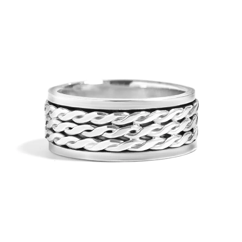 Beautiful Wedding Bands For Men-Sterling Silver Braided Triple Rope Chain Spinner Ring / SSR0029