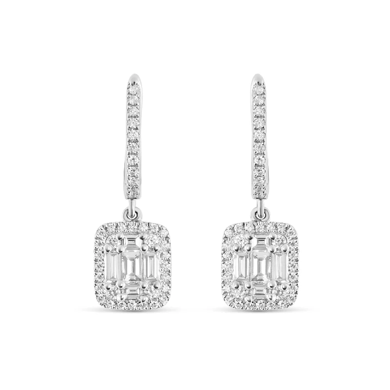 Unique Gemstone Earrings For Collectors-18K White Gold Baguette Diamond Square Drop Earrings