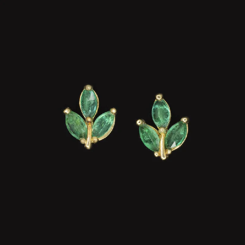 Adjustable Earrings For Comfort Fit-NATURAL EMERALD 18k YELLOW GOLD STUD EARRINGS GREEN MARQUISE LEAF SPROUT PLANT