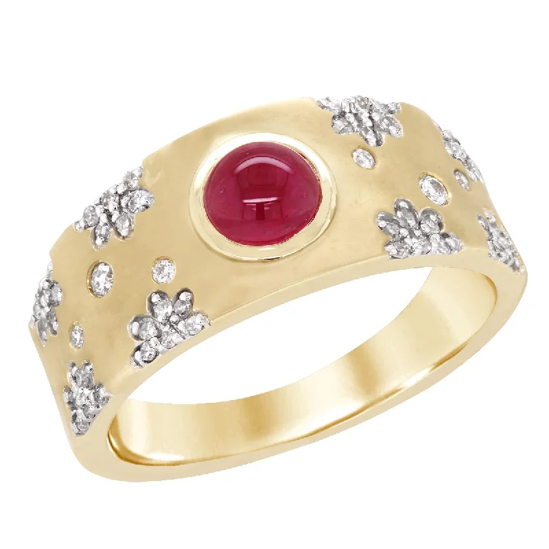 Designer Custom Rings For Unique Style-YELLOW GOLD FASHION RING WITH CABOCHON RUBY AND 54 ROUND CUT DIAMONDS, 1/5 CT TW