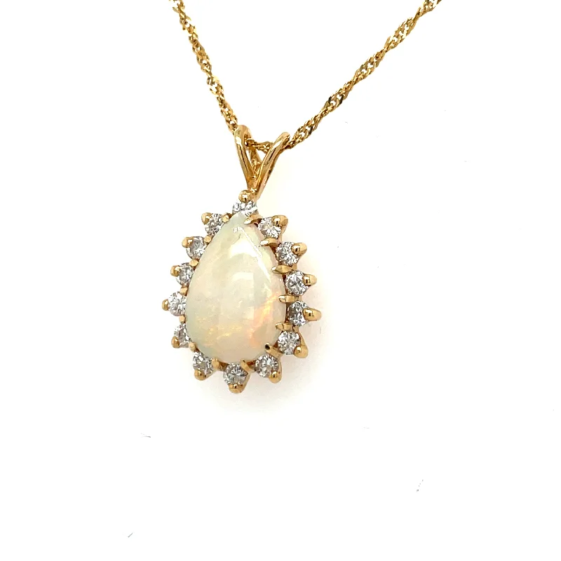 Long Silver Necklaces For Boho Style-Estate 14K Pear Opal & Diamond Halo Necklace