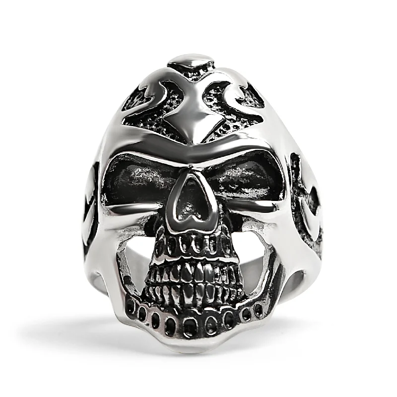 Designer Wedding Rings For Couples-Detailed Skull Stainless Steel Ring / SCR3053