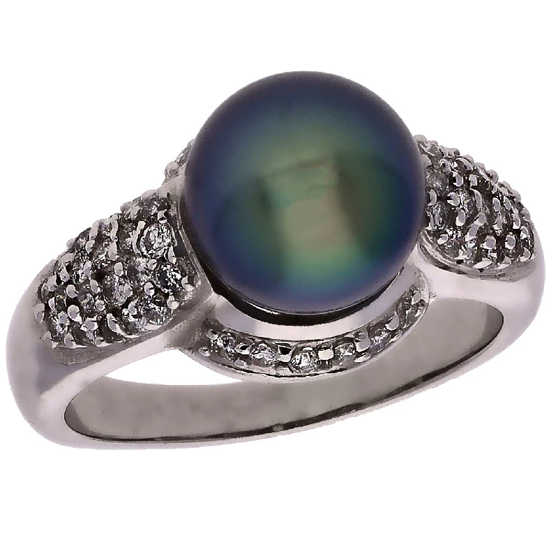 Classic Silver Rings For Everyday Fashion-14K White Gold 9mm Black Pearl and Diamond Ring