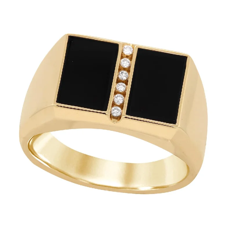 Adjustable Rings For Comfortable Fit-MEN'S YELLOW GOLD RING WITH DIAMONDS AND BLACK AGATE, .06 CT TW