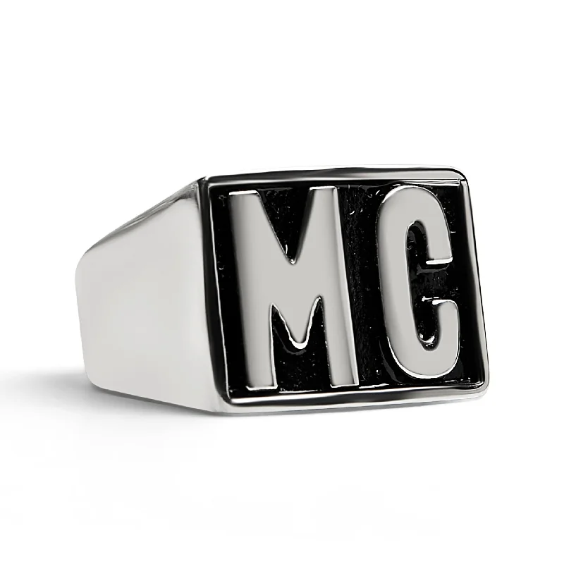 Affordable Wedding Bands For Brides-Stainless Steel Motorcycle Club "MC" Insignia Signet Ring / SCR4055