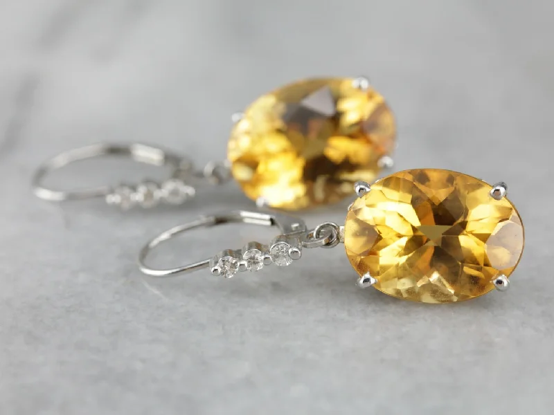 Artistic Silver Earrings For Creative Expression-Large Citrine and Diamond White Gold Drop Earrings