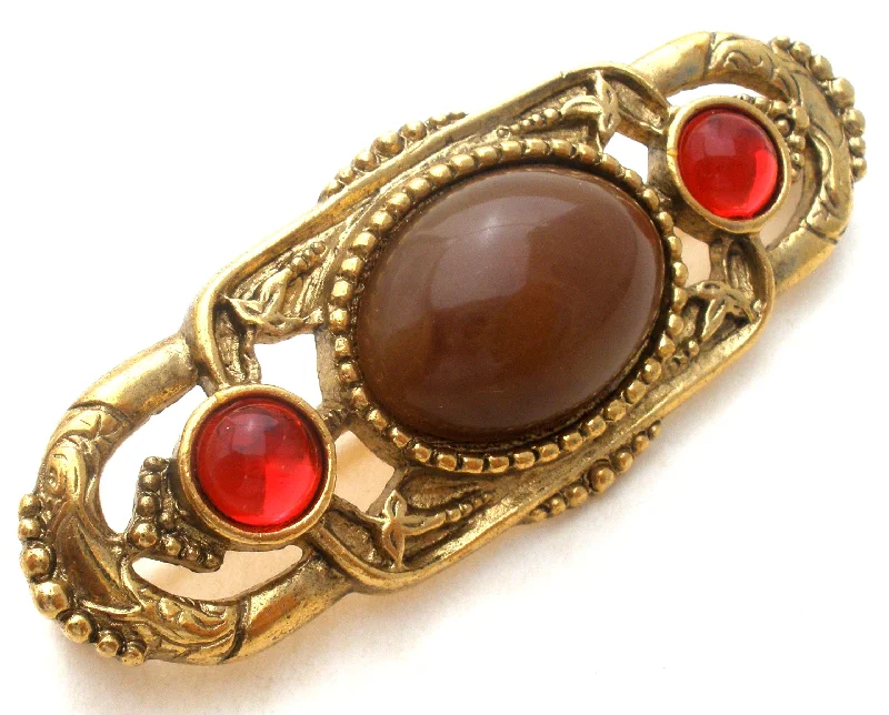 Handmade Flower Brooch-1928 Co Red & Brown Rhinestone Bar Pin Brooch