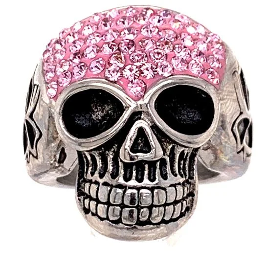 Fashionable Silver Rings For Trendy Looks-Skull With Tiny Pink Accent CZ Stones Stainless Steel Ring / SCR3100