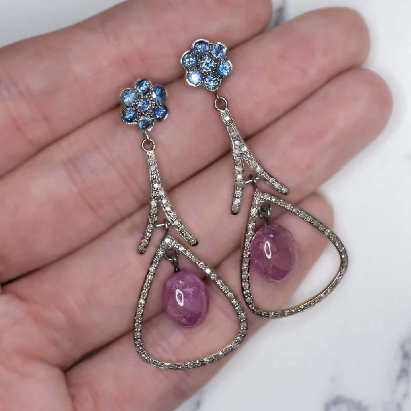 Stud Earrings For Office Wear-12ct NATURAL DIAMOND RUBY SAPPHIRE DANGLE EARRINGS BOHO STATEMENT DROP BLUE RED