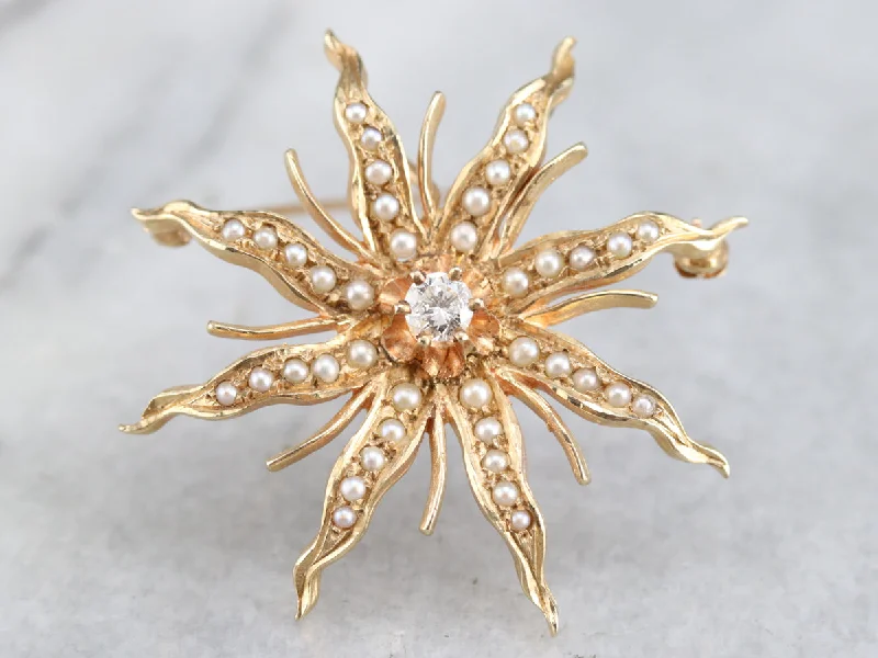 Rose Brooch For Bridal Dress-Victorian Diamond Pearl Starburst Brooch