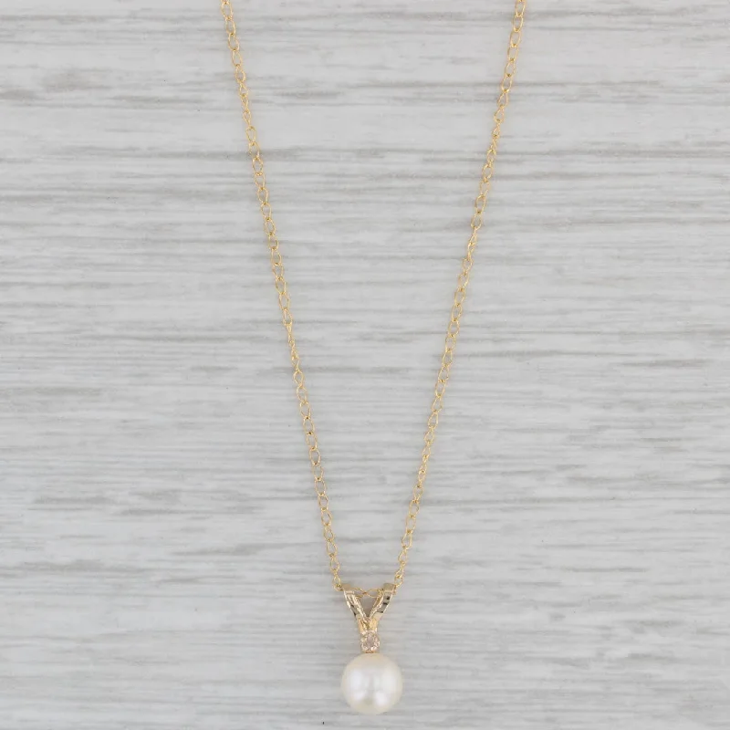 Long Pendant Necklaces For Evening Wear-Cultured Pearl Diamond Pendant Necklace 14k Yellow Gold 18.5" Curb Chain