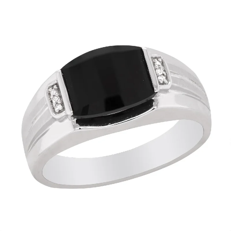 Elegant Gold Rings For Everyday Style-MODERN MEN'S WHITE GOLD FASHION RING WITH BLACK ONYX AND DIAMONDS, .02 CT TW