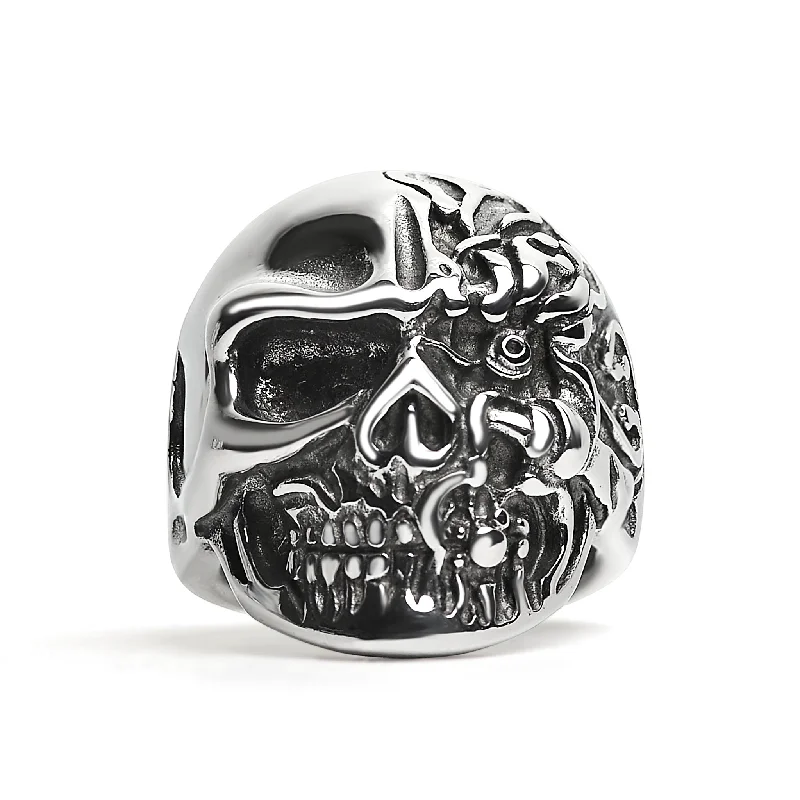 Timeless Diamond Rings For Engagement-Stainless Steel Two-Faced Skull Ring / SCR4030