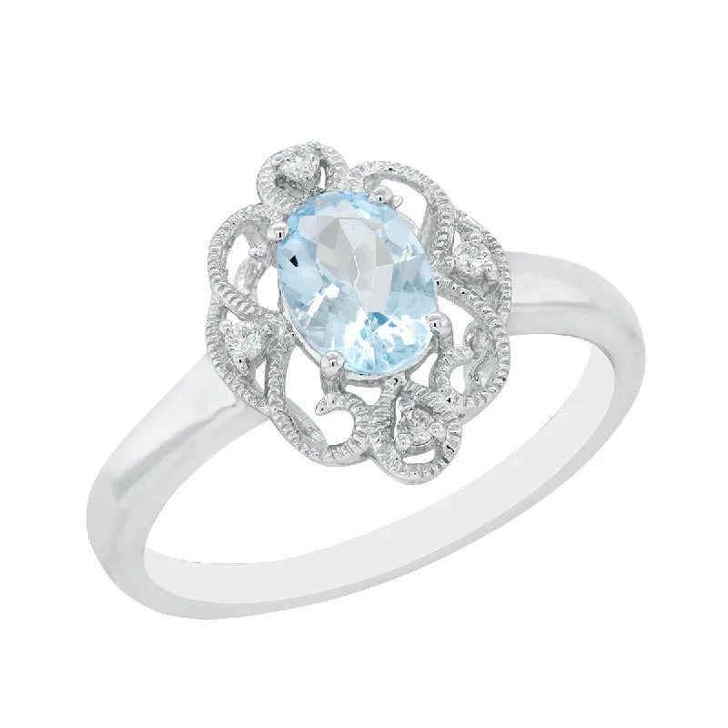 Timeless Silver Wedding Rings For Brides-WHITE GOLD FASHION RING WITH OVAL CUT AQUAMARINE AND DIAMONDS, .04 CT TW