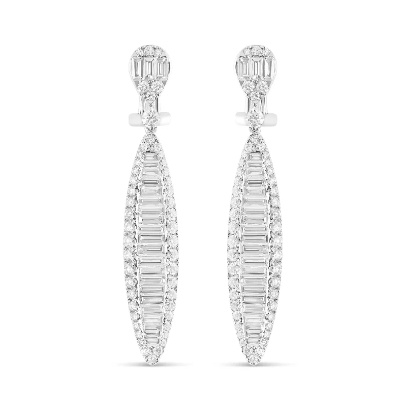 Affordable Gold Earrings For Office Wear-18K White Gold Baguette Diamond Pear Shaped Drop Earrings